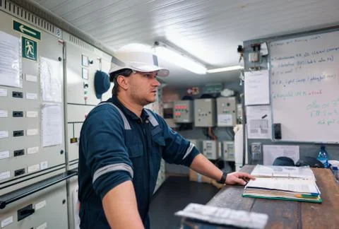 Marine engineer officer in engine control room ECR Stock Photos
