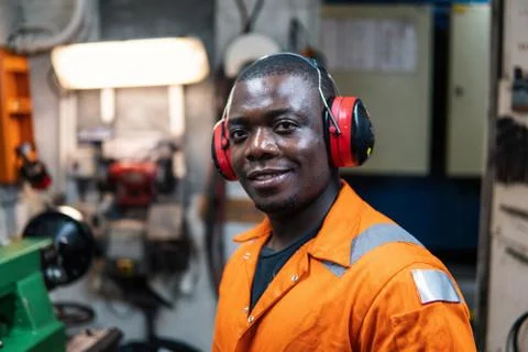 Marine engineer officer working in engine room Stock Photos