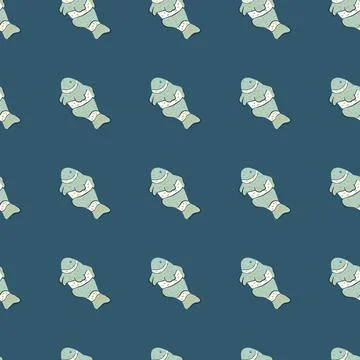 Marine fauna seamless pattern with light blue clown fish elements print. Dark Illustrazione stock