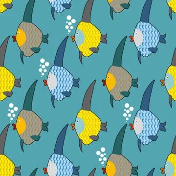 Marine fish color seamless pattern. Repeating pattern of marine life. Cute fu Illustrazione stock