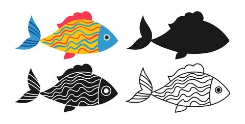 Marine fish linear icon abstract cartoon symbol set exotic childish sea sign Stock Illustration