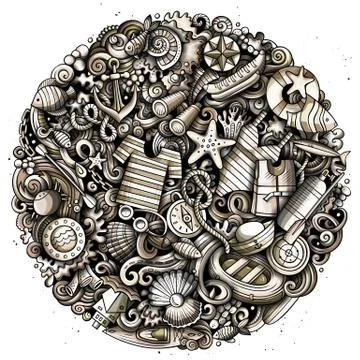 Marine hand drawn vector doodles illustration. Color funny picture. Stock Illustration
