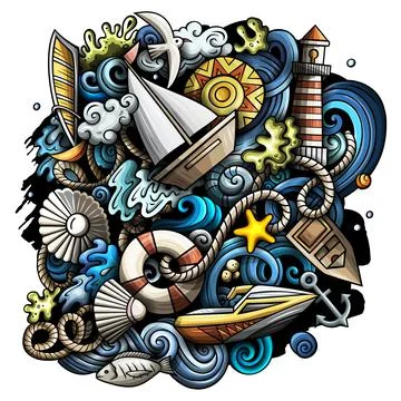 Marine hand drawn vector doodles illustration. Color funny picture. イラスト素材