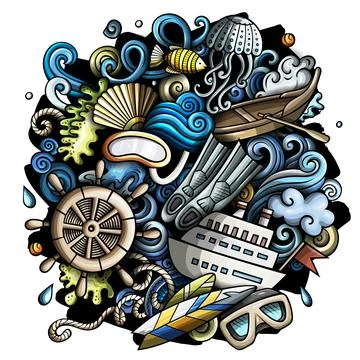 Marine hand drawn vector doodles illustration. Color funny picture. Illustrazione stock