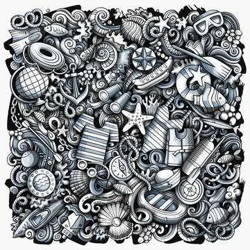 Marine hand drawn vector doodles illustration. イラスト素材