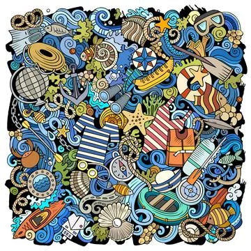Marine hand drawn vector doodles illustration. Color funny picture. Illustrazione stock
