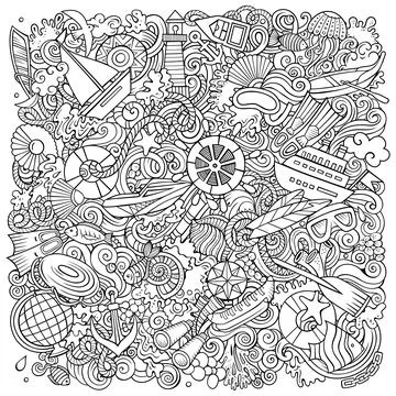 Marine hand drawn vector doodles illustration. Illustrazione stock