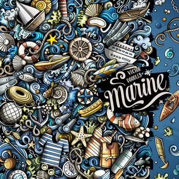 Marine hand drawn vector doodles frame Illustrazione stock