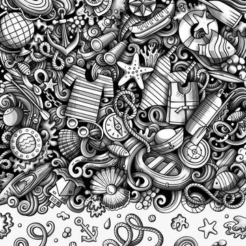 Marine hand drawn vector doodles frame Illustrazione stock