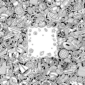 Marine hand drawn vector doodles frame Illustrazione stock
