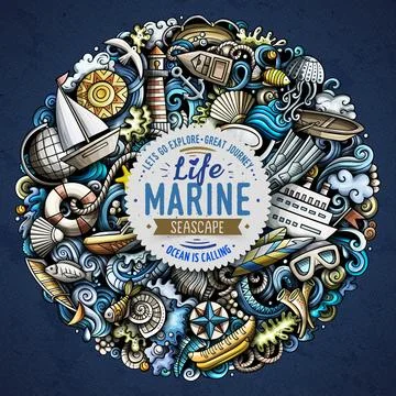 Marine hand drawn vector doodles illustration. Color funny picture. Illustrazione stock