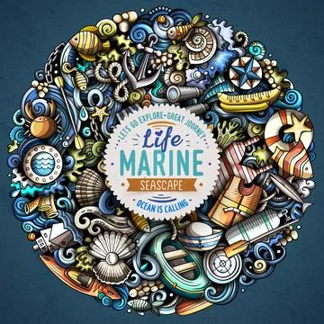 Marine hand drawn vector doodles illustration. Color funny picture. Illustrazione stock