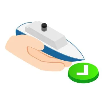 Marine insurance icon isometric vector. Hand holding ship green checkmark button Stock Illustration