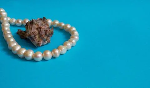 Marine layout. Shell and pearl beads on a blue background. Stock Photos