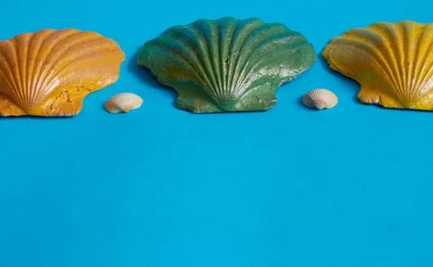 Marine layout. Three seashells painted orange, yellow, and green, and two sma Stock Photos