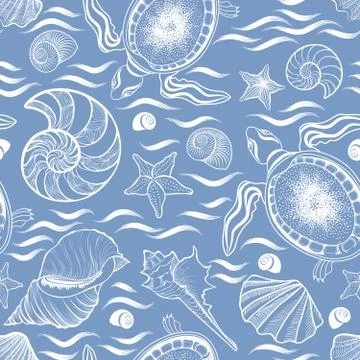 Marine lie seamless pattern. Seashell, turtle, mollusk, ocean wa Stock Illustration