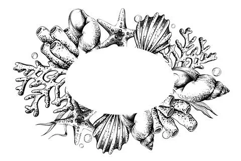 Marine life oval template frame illustration a hand drawn engraving style border Ilustración de archivo