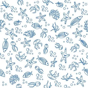 Marine life pattern in blue featuring fish, starfish, jellyfish, and seawee.. Stock Illustration