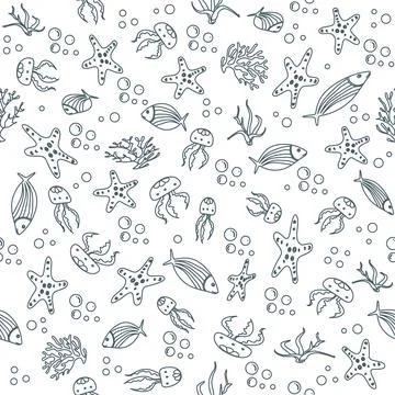 Marine life pattern featuring fish, starfish, jellyfish, and seaweed, suita.. Illustrazione stock