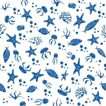 Marine life pattern featuring jellyfish, starfish, and fish. Ideal ocean-th.. Illustrazione stock