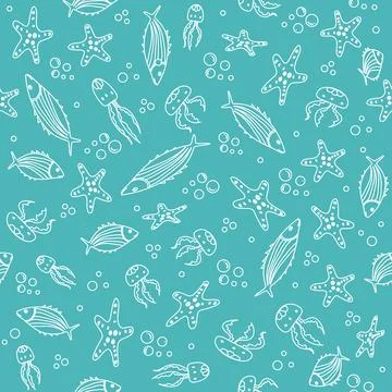 Marine life pattern with fish, starfish, and jellyfish outlined on teal bac.. 库存插图
