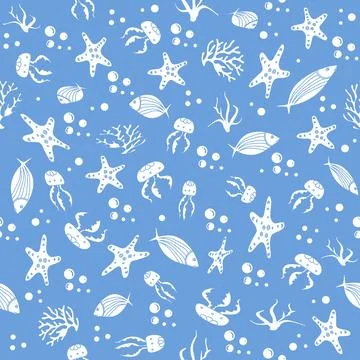 Marine life pattern with starfish, fish, and seaweed on a blue background f.. Illustrazione stock