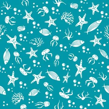 Marine life pattern with starfish, fish, and coral on teal background for s.. Stock Illustration