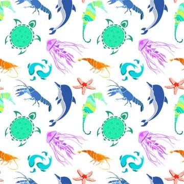 Marine life. Seamless multicolored pattern. Stock Illustration