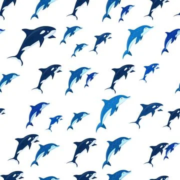 Marine life seamless pattern. Dolphins and killer whales. イラスト素材
