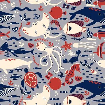 Marine life seamless pattern Stockillustratie