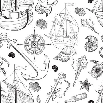 Marine life seamless pattern. Sailing ship, Seashell, anchor, co Illustrazione stock