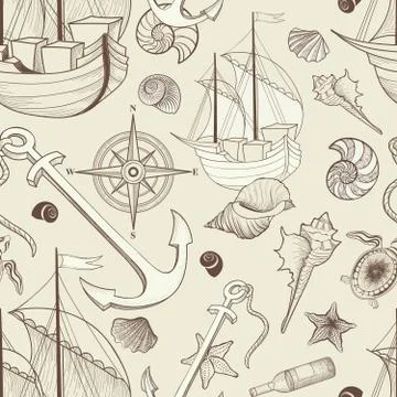 Marine life seamless pattern. Sailing ship, Seashell, anchor, co Stock Illustration