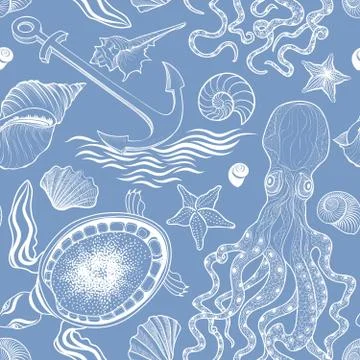 Marine life seamless pattern. Seashell, turtle, octopus. Ocean Stock Illustration