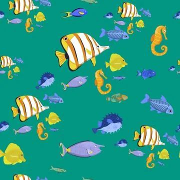 Marine life seamless pattern. Vector repeating colorful texture 스톡 일러스트