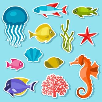 Marine life set of sticker, objects and sea animals Stock Illustration