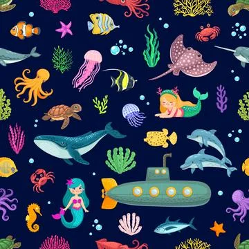 Marine life vector seamless pattern with sea life Illustration