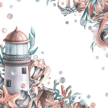A marine lighthouse with algae, corals, shells and a starfish. Watercolor Stock Illustration