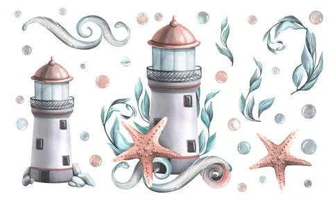 A marine lighthouse with algae, a starfish, shells and a wave of water Stock Illustration