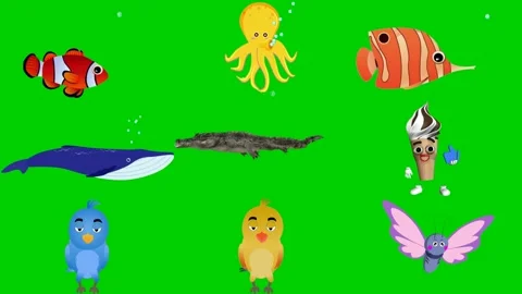 Marine mix on green screen featuring fish octopus crab whale crocodile Stockbeeldmateriaal 334704322