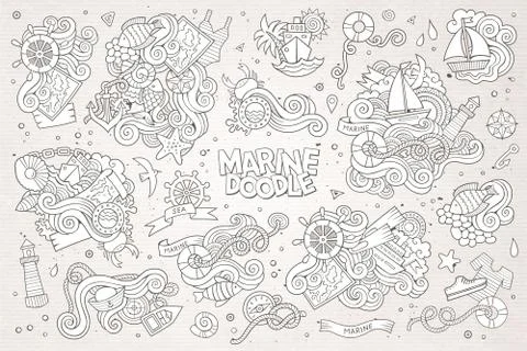 Marine nautical hand drawn vector symbols and objects Stock Illustration