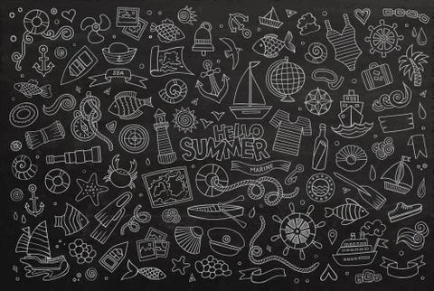 Marine nautical hand drawn vector symbols and objects Stock Illustration