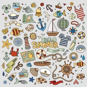 Marine nautical hand drawn vector symbols and objects Stock Illustration