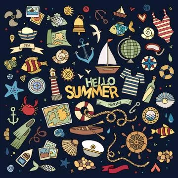 Marine nautical hand drawn vector symbols and objects Stock Illustration