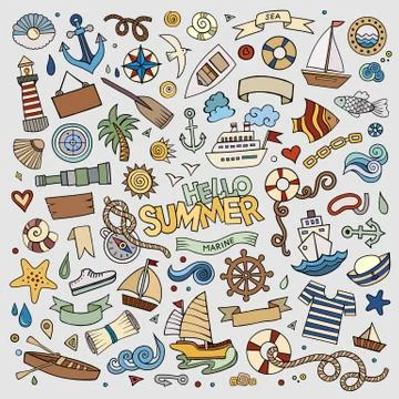 Marine nautical hand drawn vector symbols and objects Stock Illustration