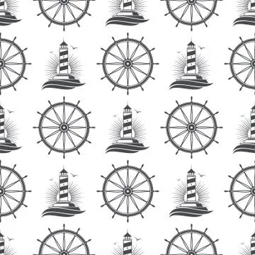 Marine nautical seamless pattern design with vintage lighthouse and wheel Stock Illustration