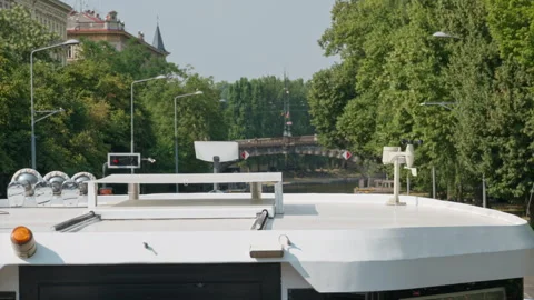 Marine navigation equipment and anemometer stand on boat roof in Prague Stock-Footage 341667079