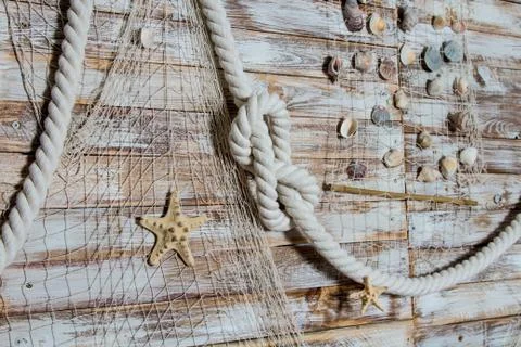 Marine network with seashells on the wall Stock Photos