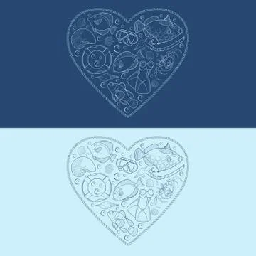 Marine objects in the shape of a heart. Stock Illustration