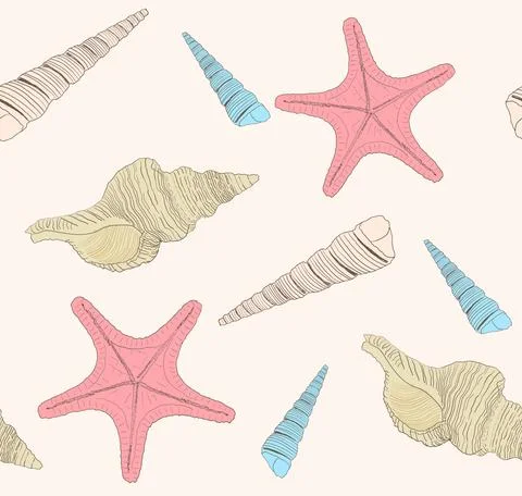 Marine pattern with seashells and starfish. Vector illustration Stock Illustration