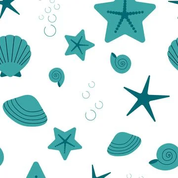 Marine pattern, shells, starfish, bubbles. cartoon vector illustration. 库存插图